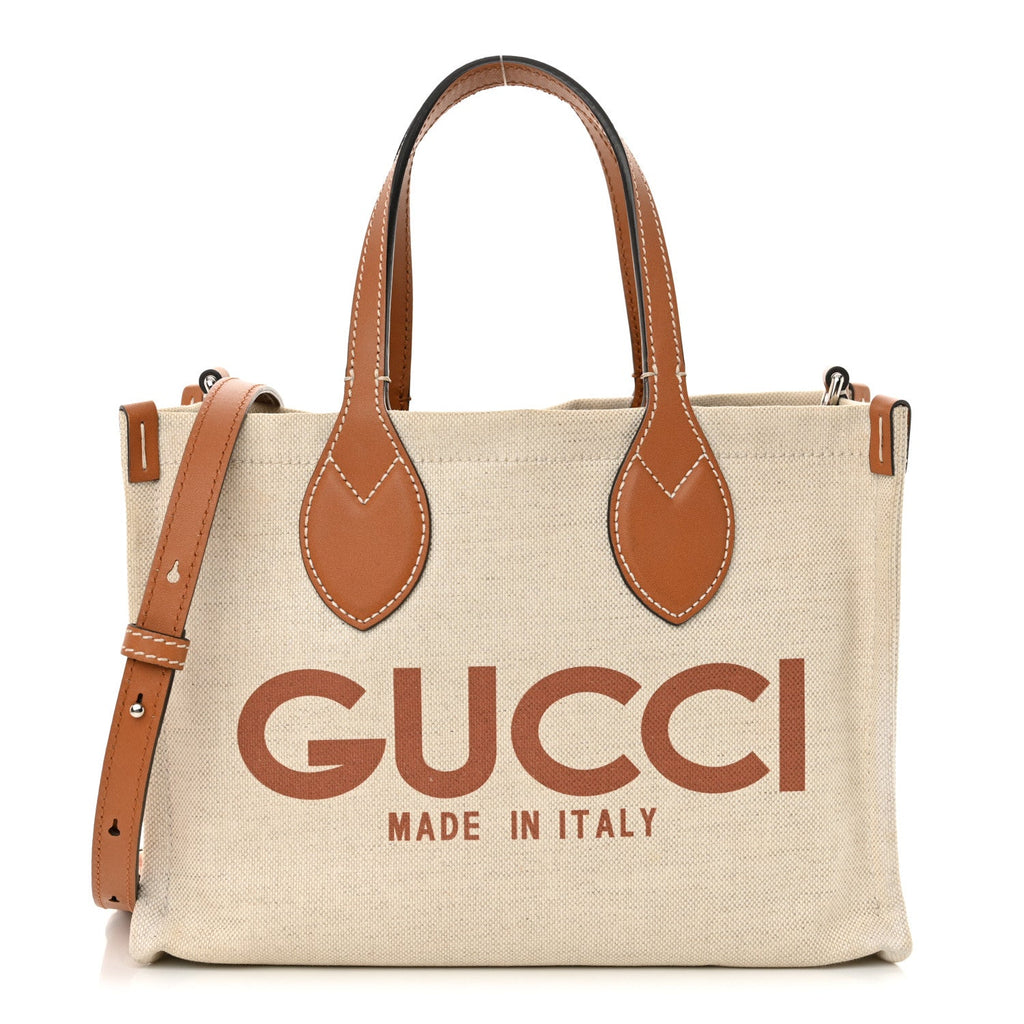 Canvas Calfskin Logo Print Medium Tote Bag Brown