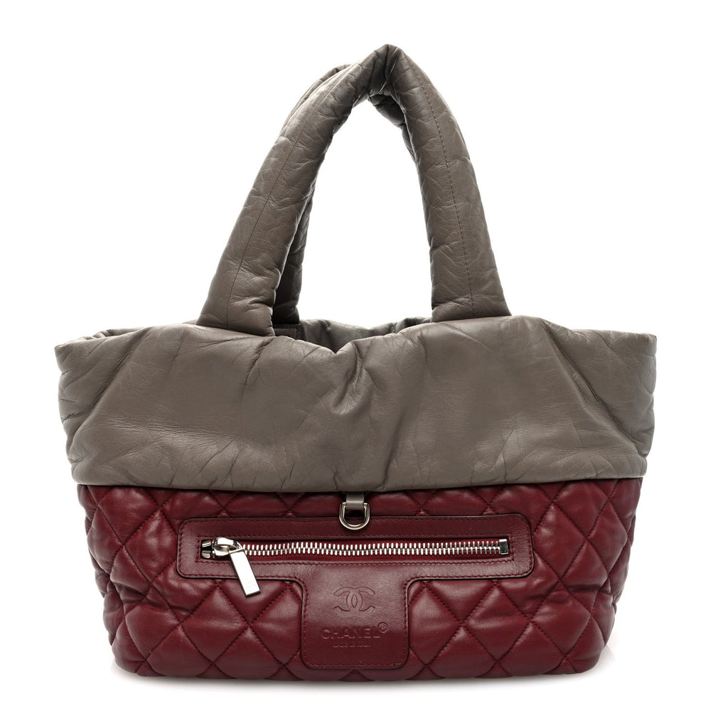 Lambskin Quilted Small Coco Cocoon Reversible Tote Grey Burgundy