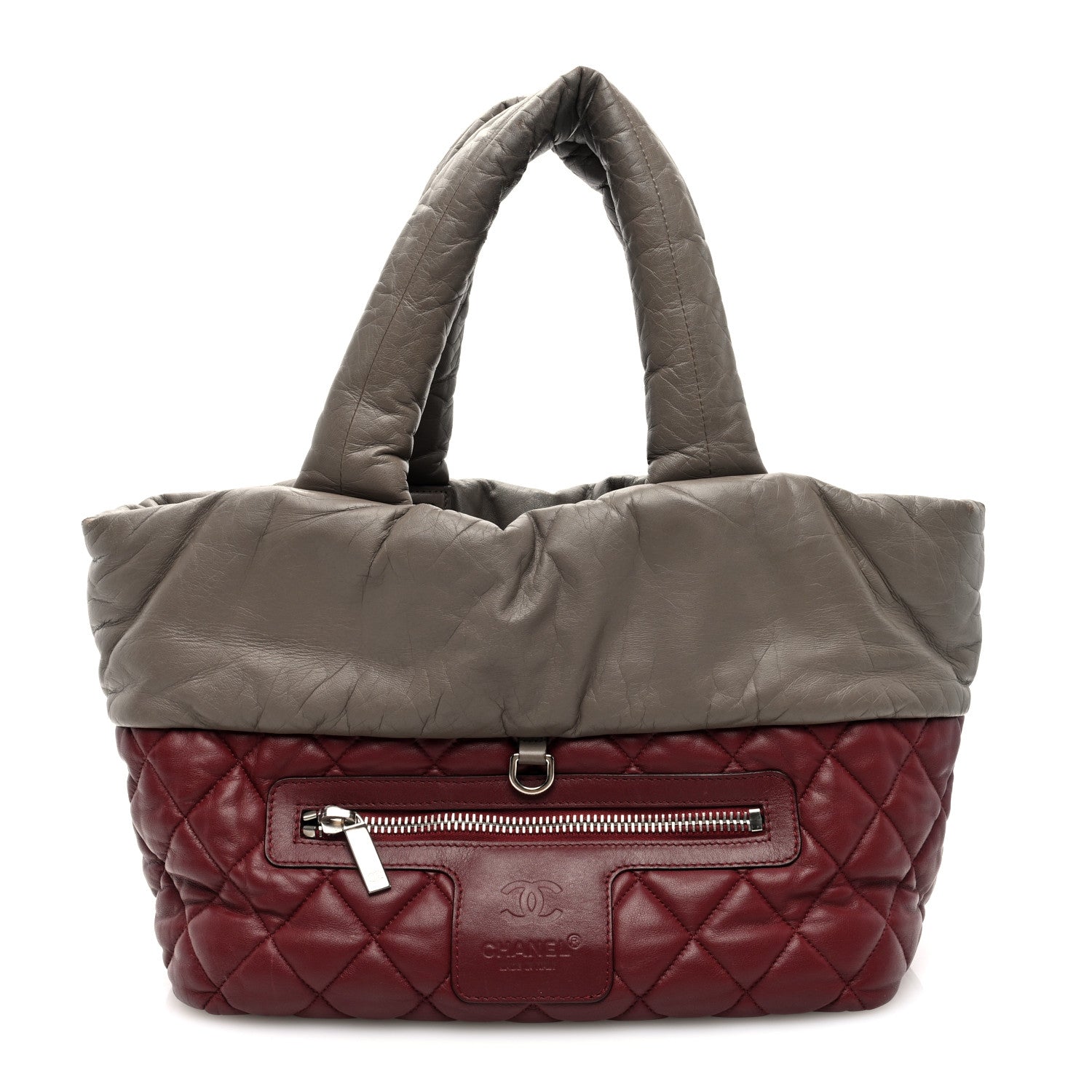 Lambskin Quilted Small Coco Cocoon Reversible Tote Grey Burgundy