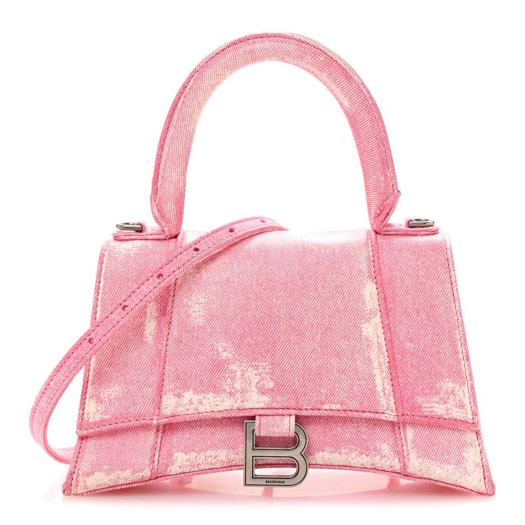 Nappa Denim Printed Small Hourglass Top Handle Bag Denim Pink