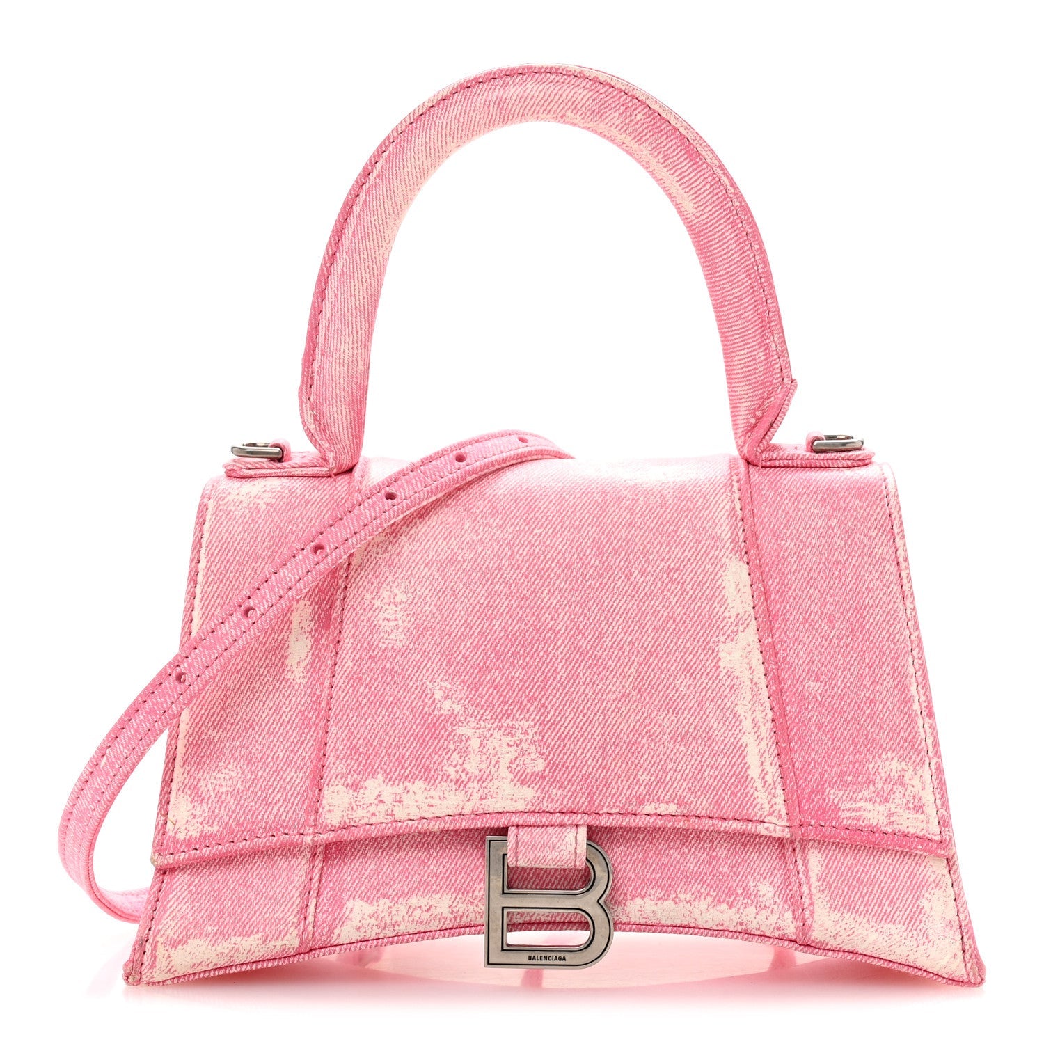 Nappa Denim Printed Small Hourglass Top Handle Bag Denim Pink