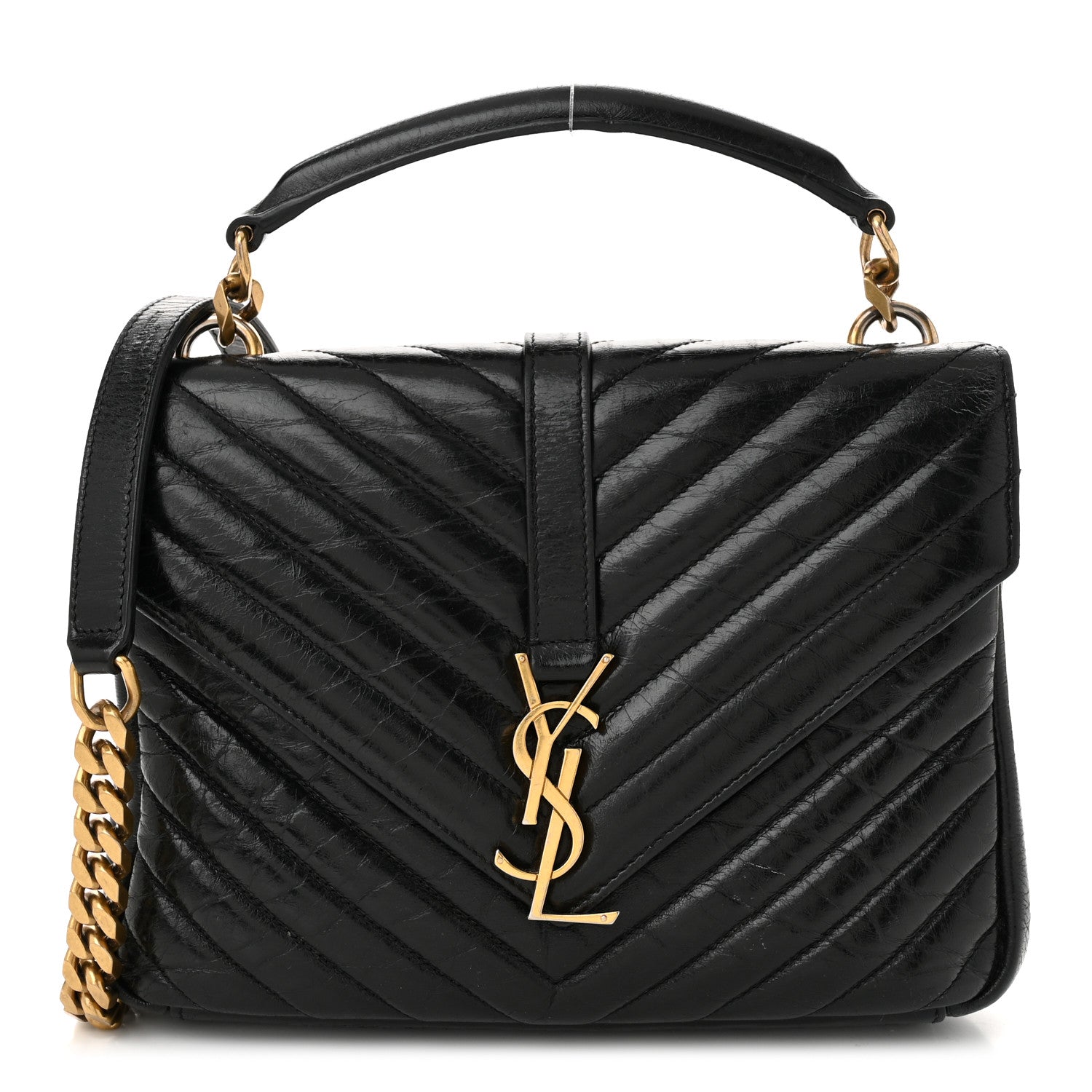 Cracked Shiny Calfskin Matelasse Chevron Monogram Medium College Bag Black