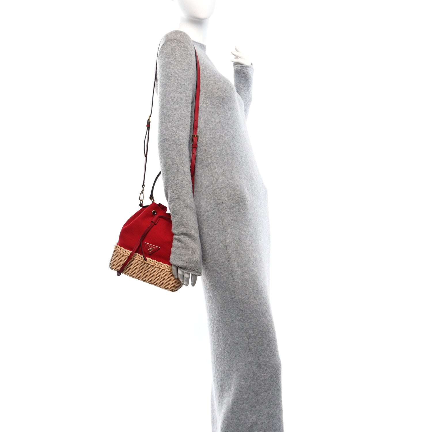 Wicker Canvas Saffiano Bucket Bag Naturale Rosso