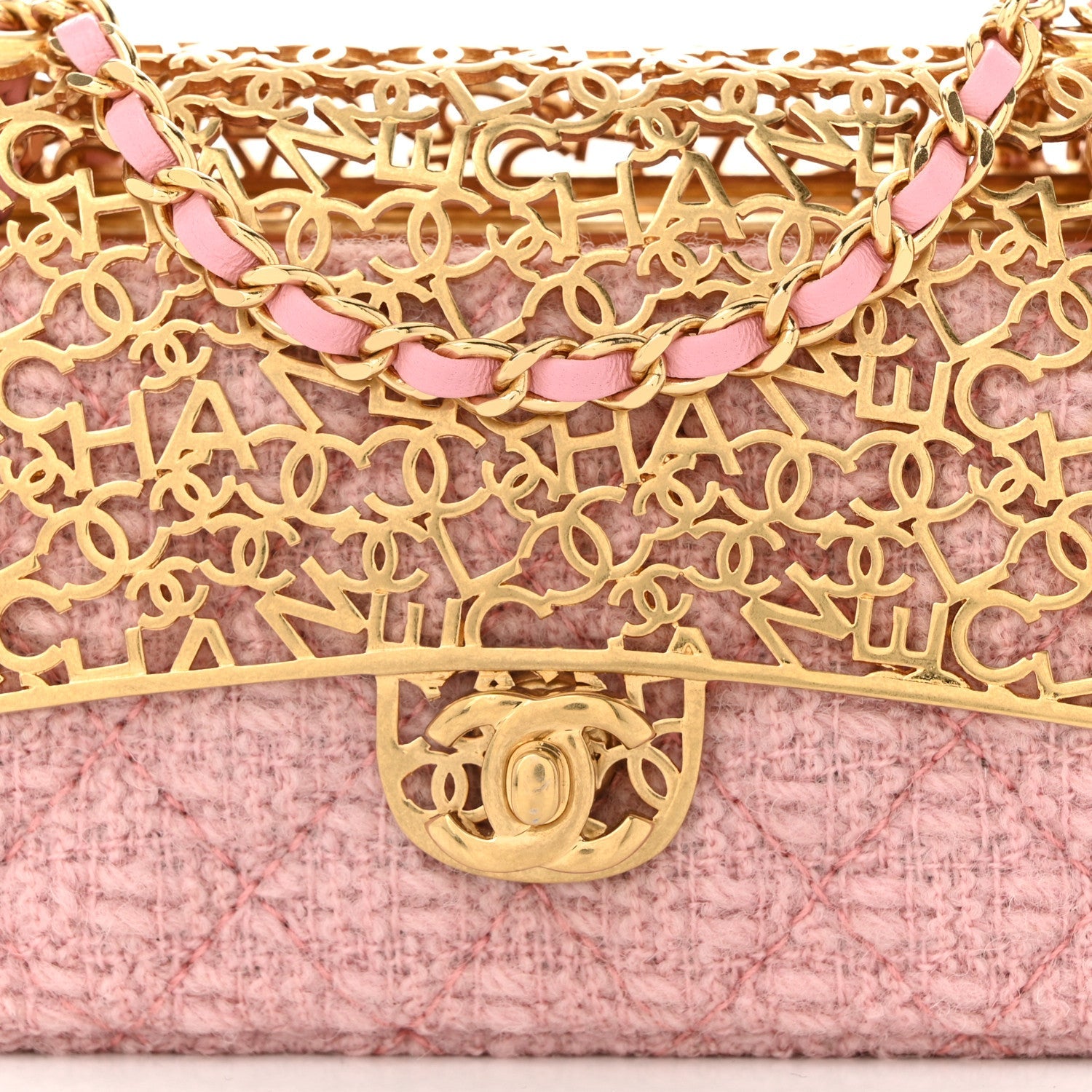 Metal Tweed Logo CC Minaudiere Mini Flap Bag Pink Gold