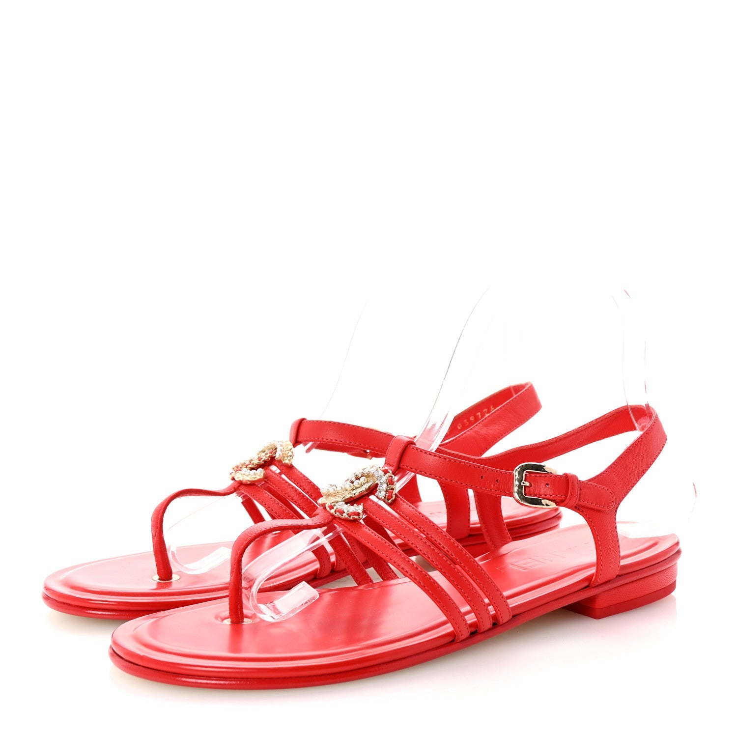 Lambskin Pearl Crystal CC Thong Sandals 38 Red
