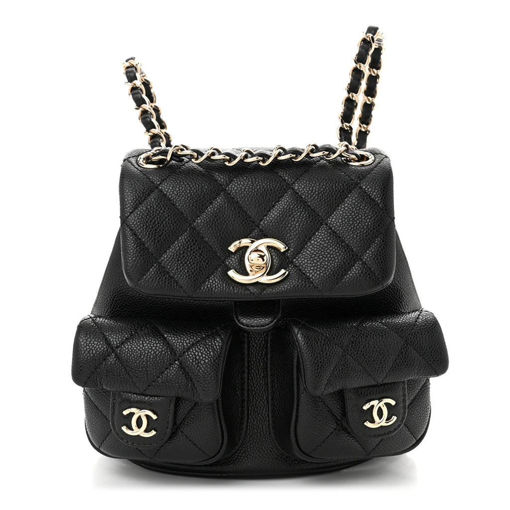 Shiny Caviar Quilted Small Duma Pockets Drawstring Backpack Black