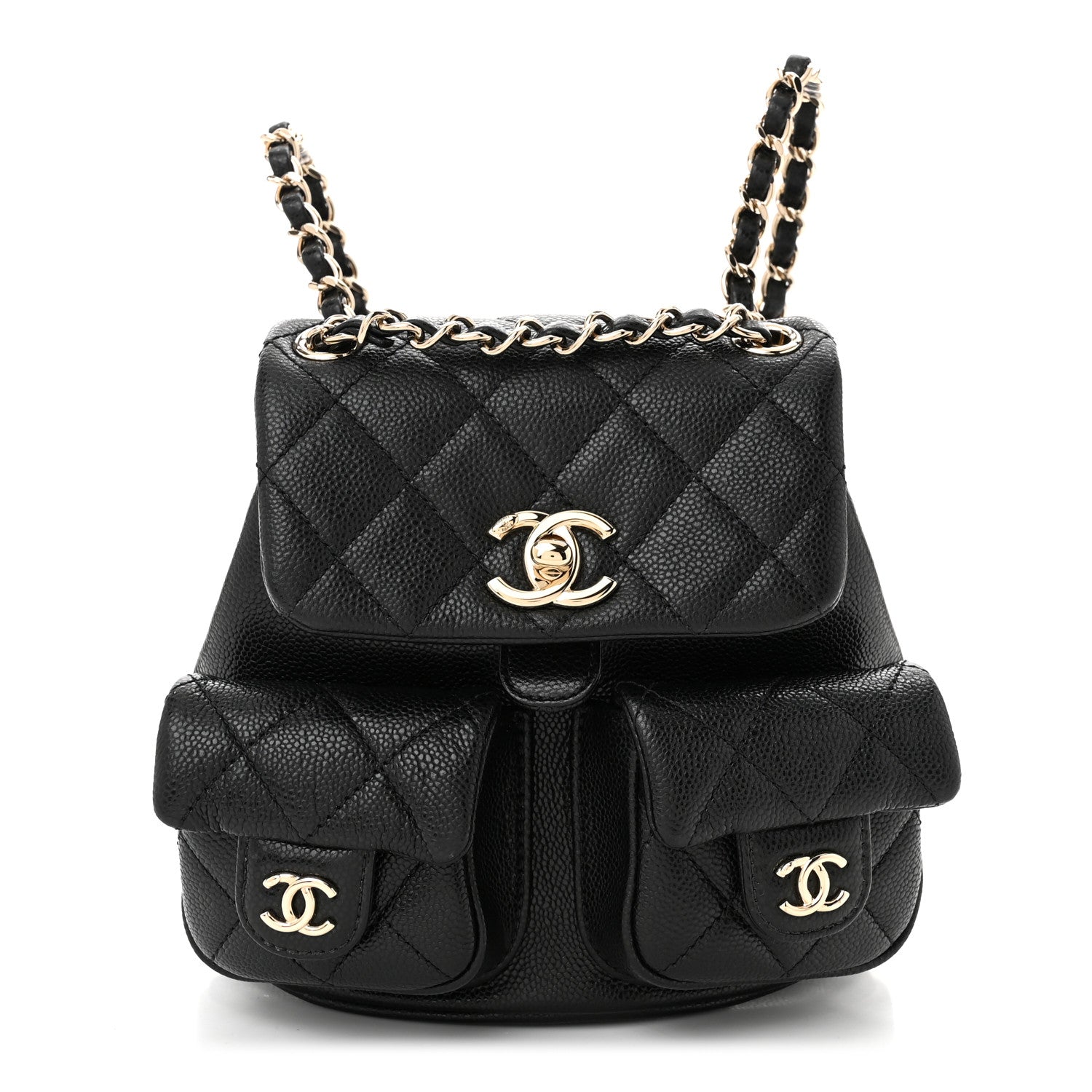 Shiny Caviar Quilted Small Duma Pockets Drawstring Backpack Black