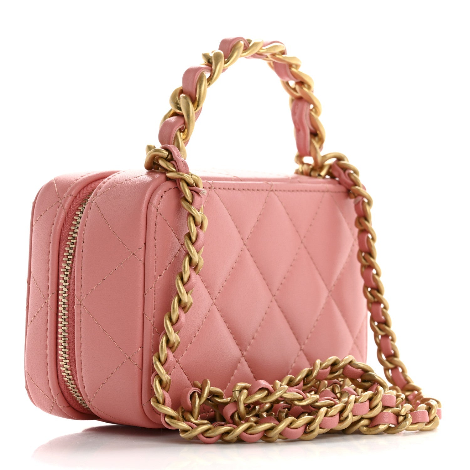 Lambskin Quilted Top Handle Mini Vanity Case Pink