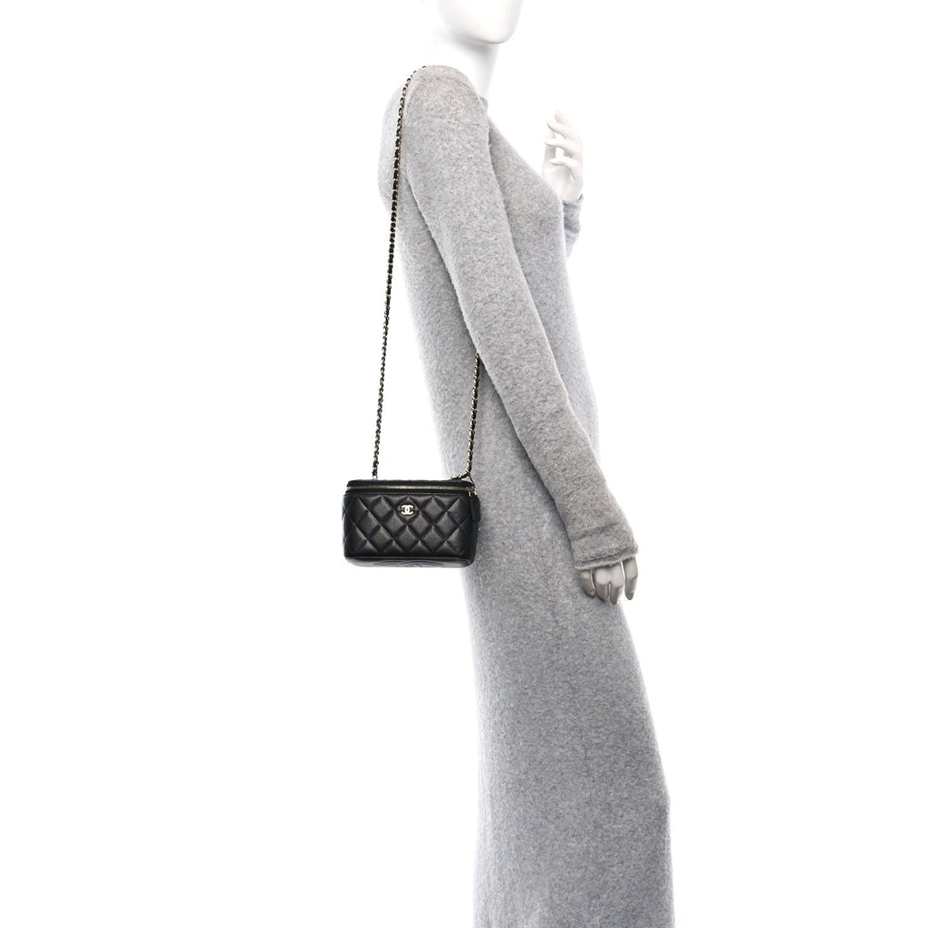 Caviar Quilted Small Vanity Case With Chain Black
