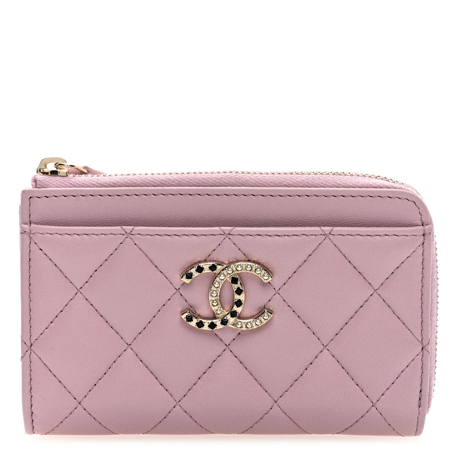 Lambskin Quilted Pearl Crystal CC Zip Around  Holder Pink