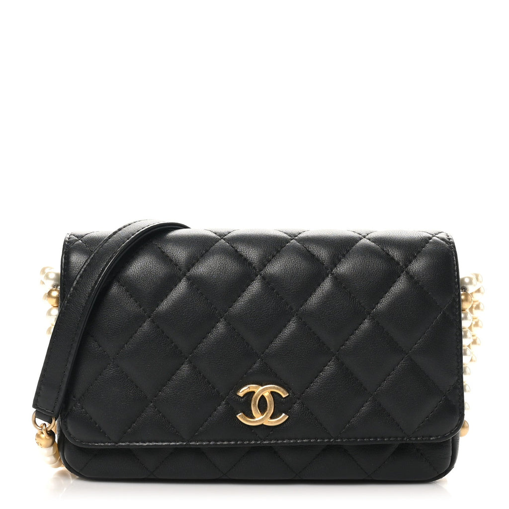Calfskin Quilted Pearl Wallet On Chain WOC Black