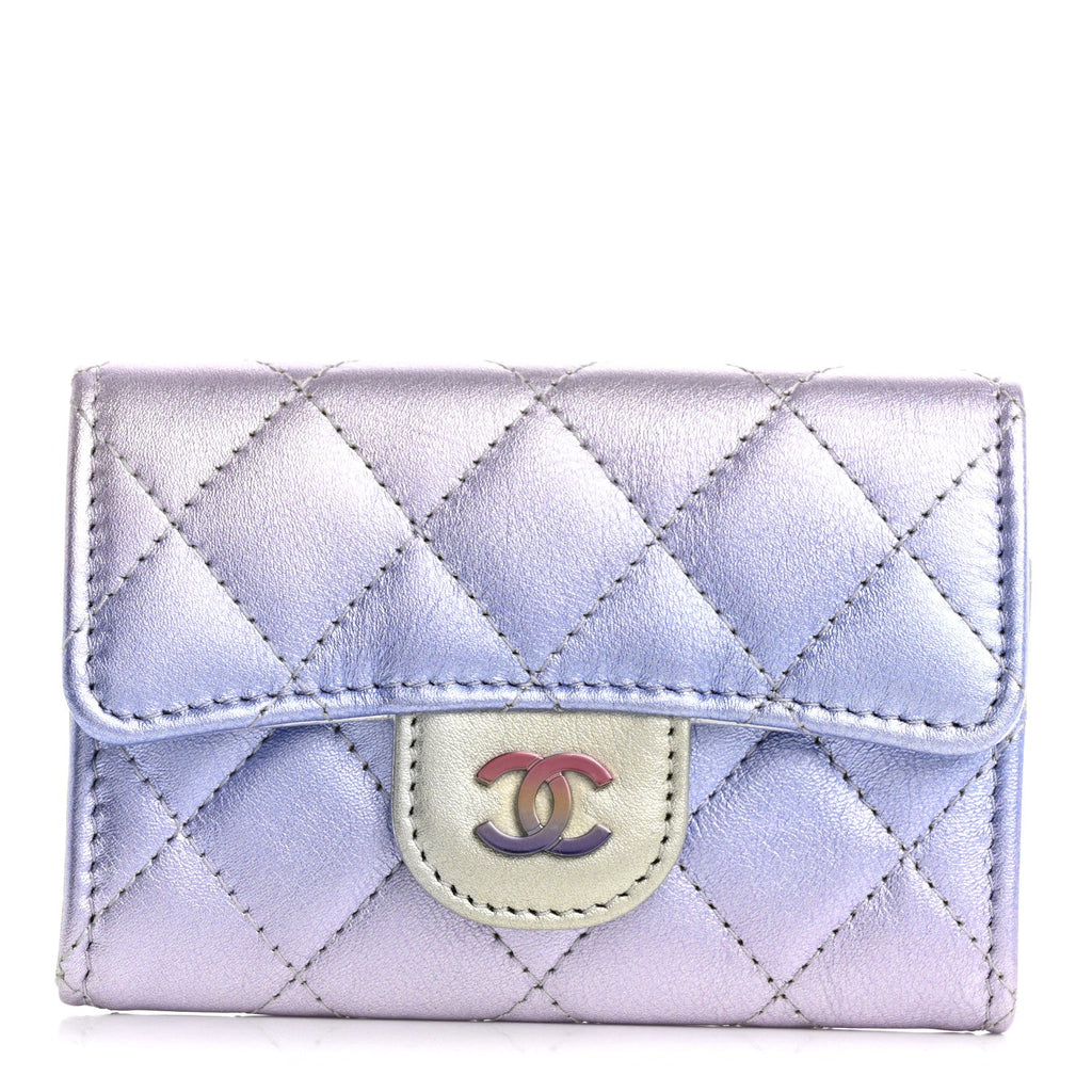 Gradient Metallic Calfskin Quilted Flap  Holder Wallet Silver Blue Yellow Purple
