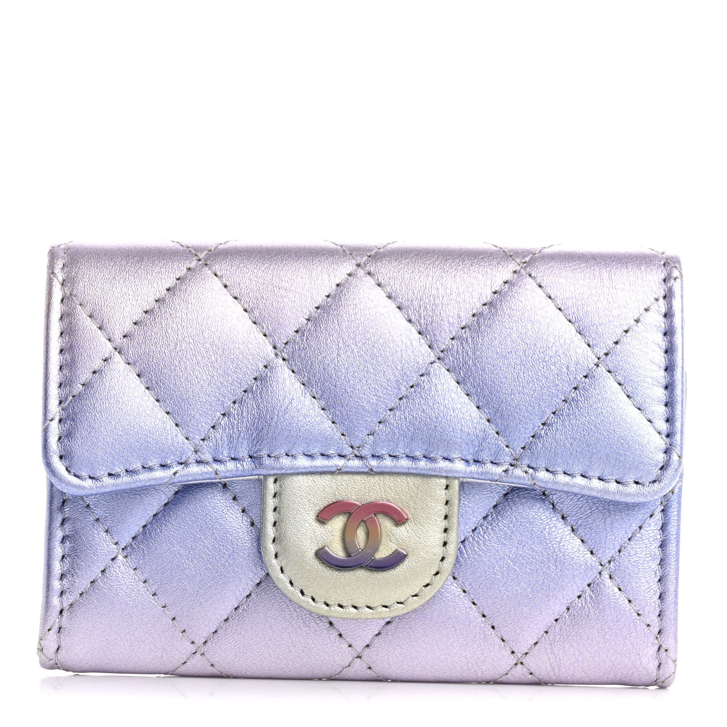 Gradient Metallic Calfskin Quilted Flap  Holder Wallet Silver Blue Yellow Purple