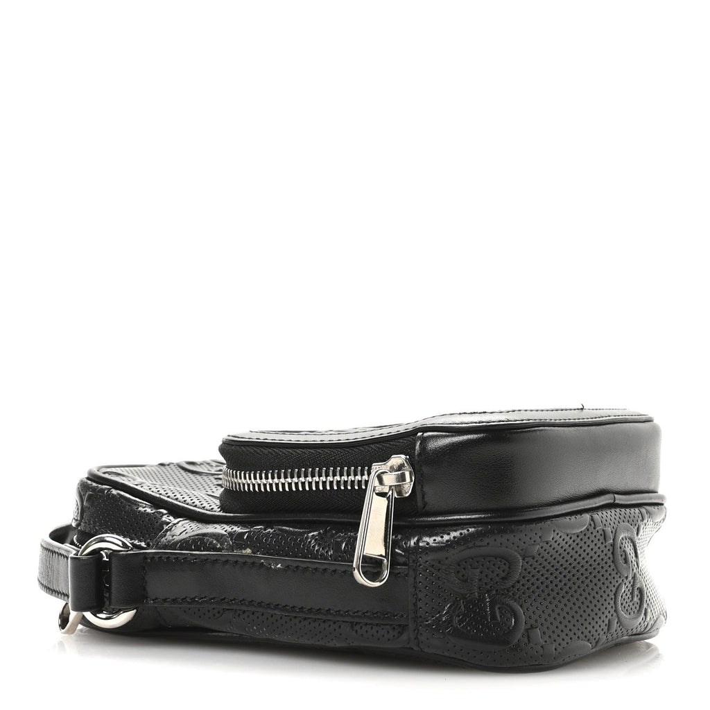 Calfskin GG Tennis Embossed Mini Double Zip Messenger Bag Black