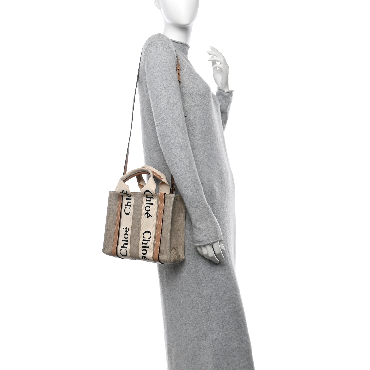 Linen Calfskin Small Woody Ribbon Tote With Strap White Light Brown