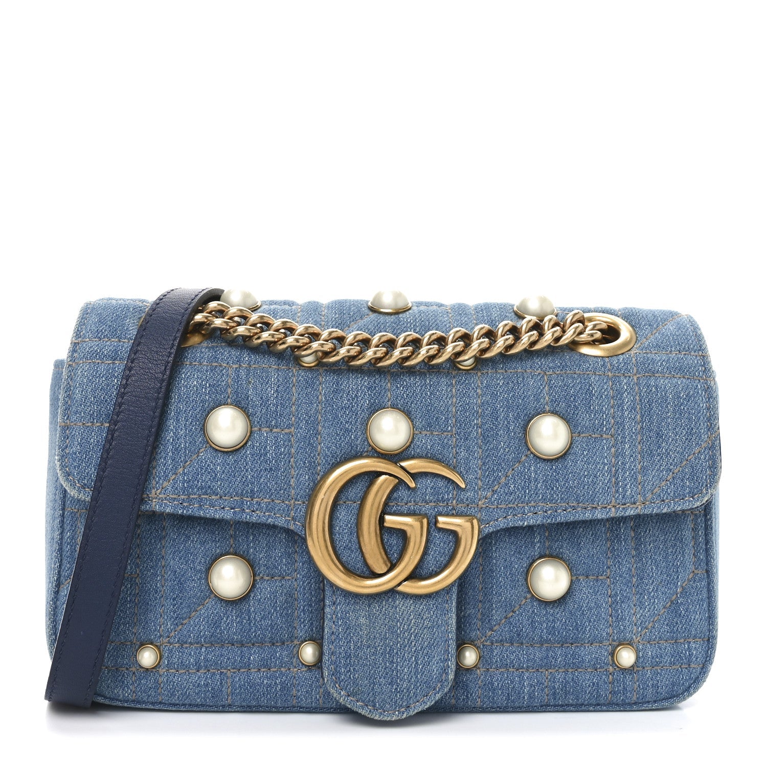 Denim Matelasse Pearl Studded Mini GG Marmont Shoulder Bag Blue