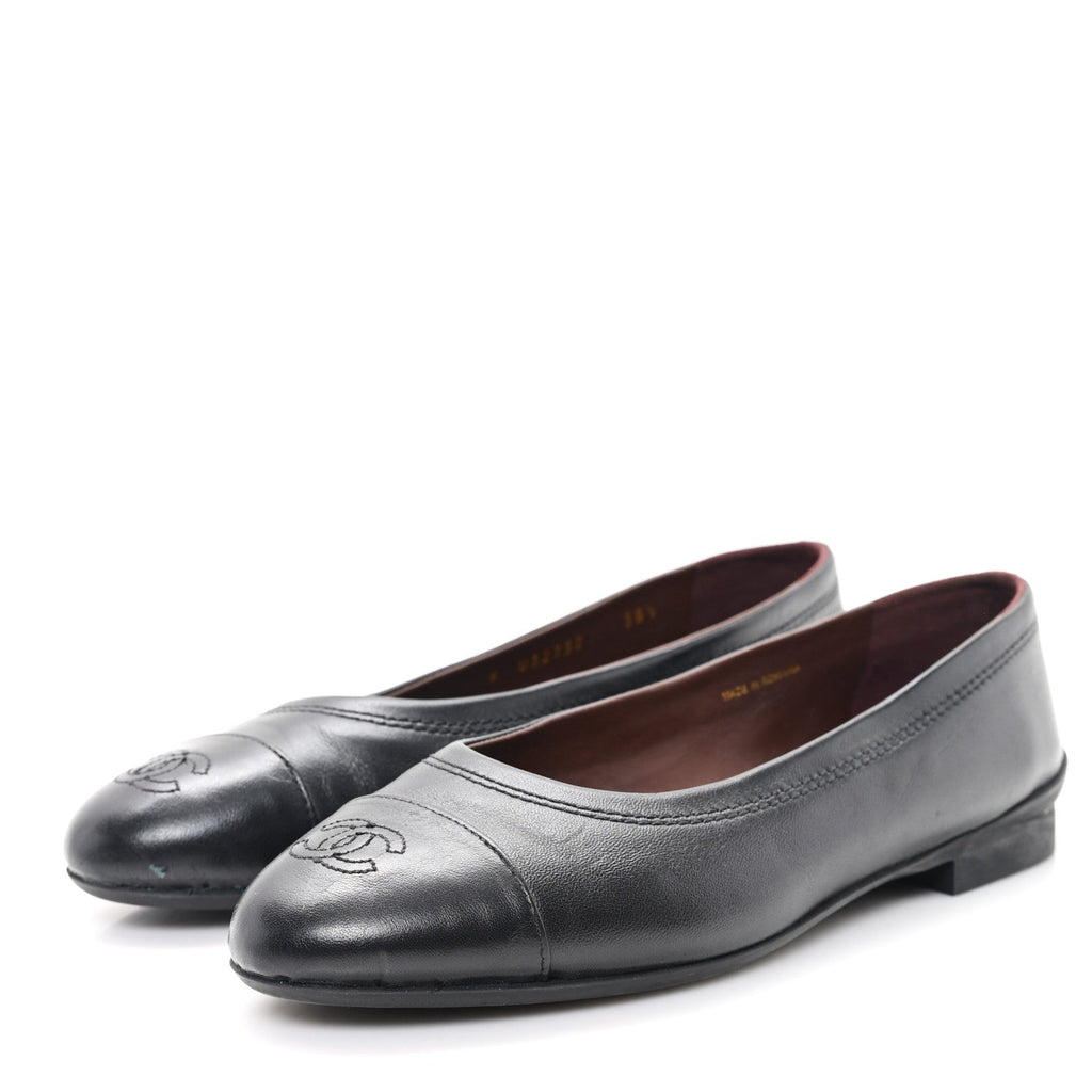 Lambskin Cap Toe CC Uniform Ballerina Flats 38.5 Black
