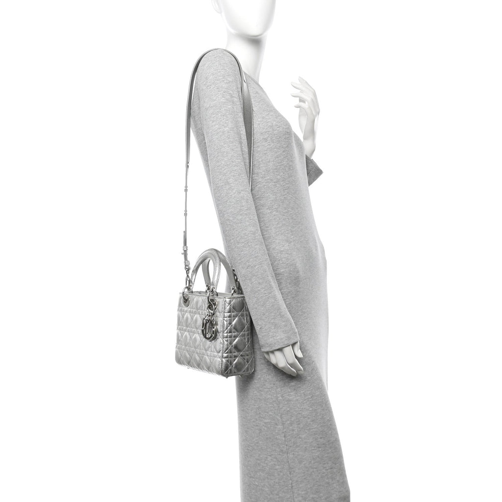 Metallic Grained Calfskin Cannage Small Lucky Badges My Lady Dior Silver