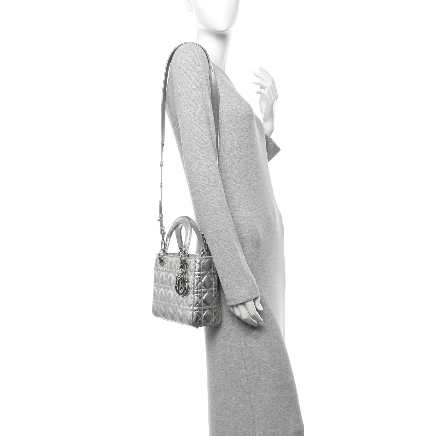 Metallic Grained Calfskin Cannage Small Lucky Badges My Lady Dior Silver