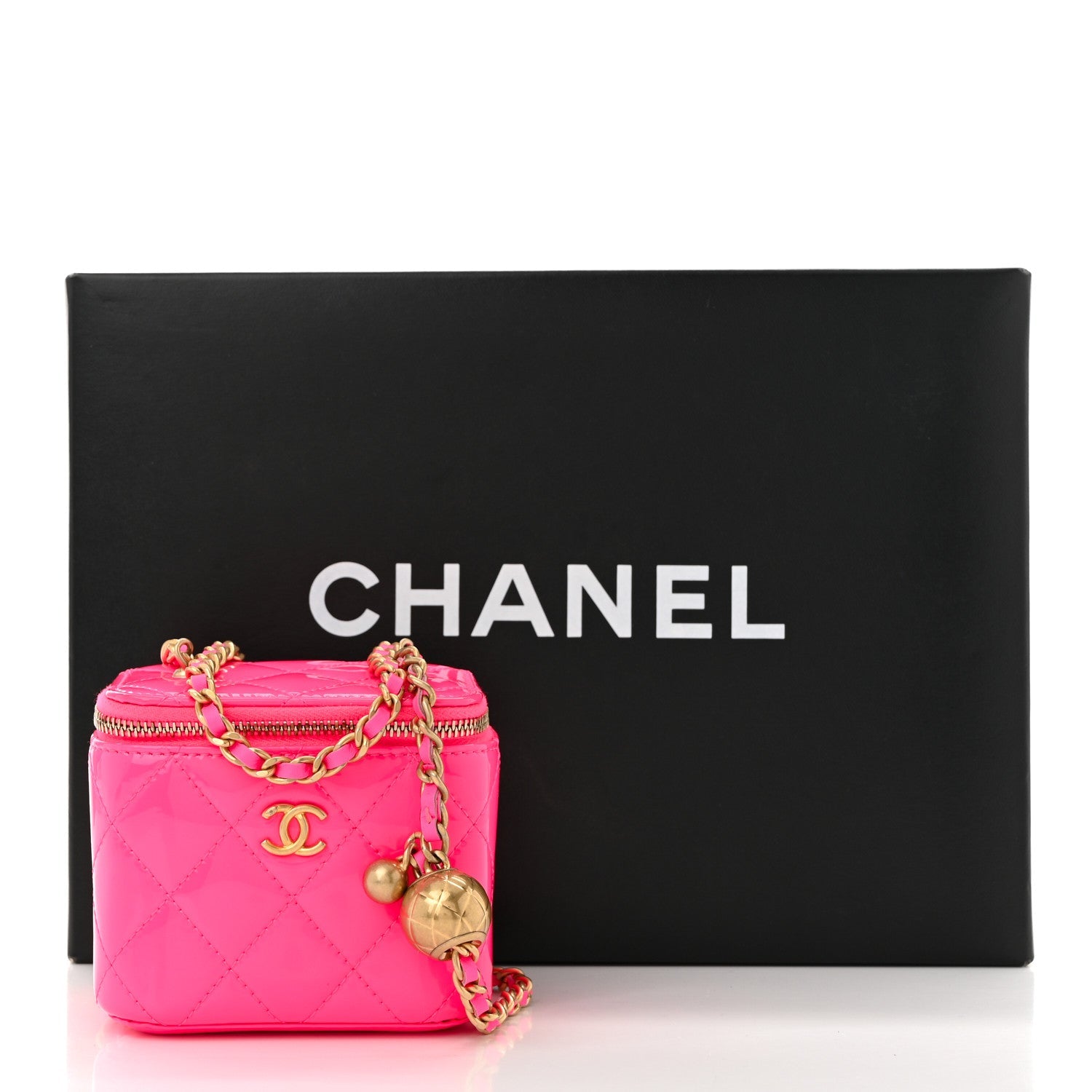 Patent Quilted Pearl Crush Mini Vanity Case With Chain Neon Pink