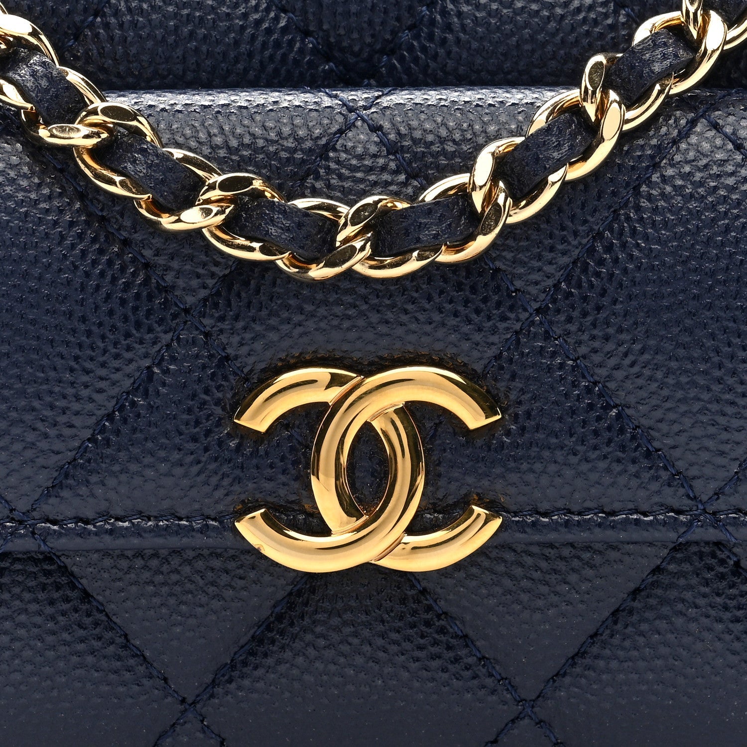 Caviar Quilted Pocket Twins Clutch With Chain Navy Blue