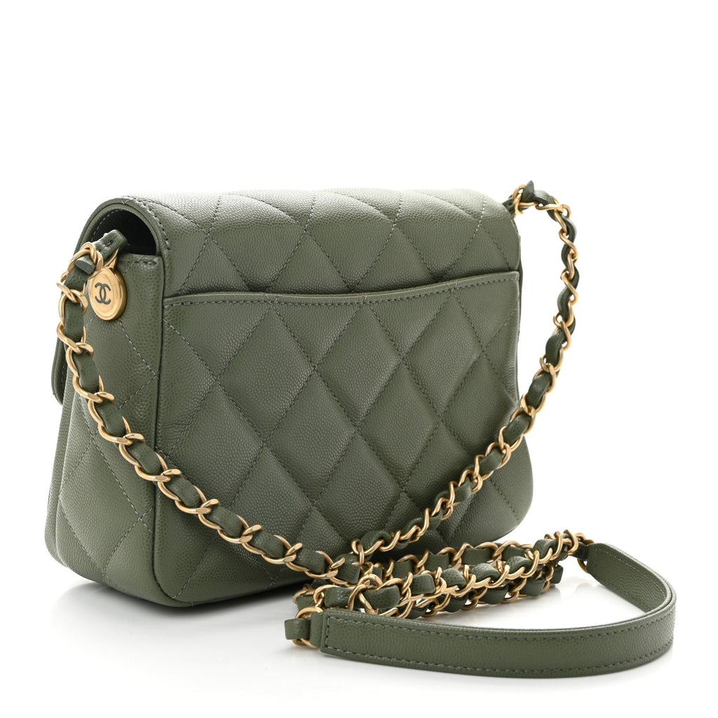 Shiny Caviar Quilted Mini Flap Khaki