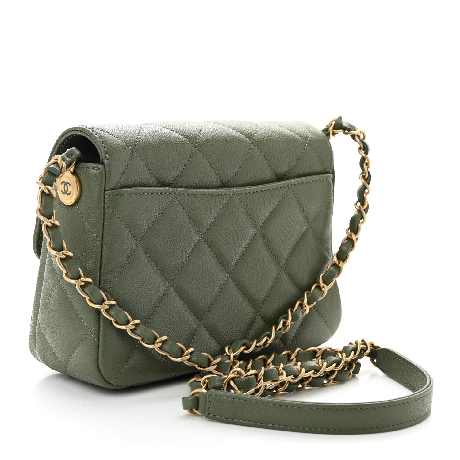 Shiny Caviar Quilted Mini Flap Khaki