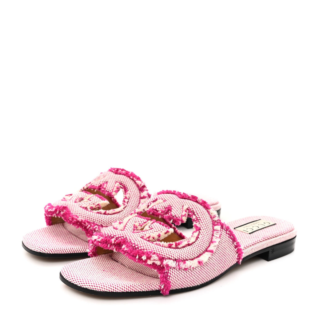 Fringed Canvas Interlocking G Cut Out Slide Sandals 37 Princess Fuxia Natural