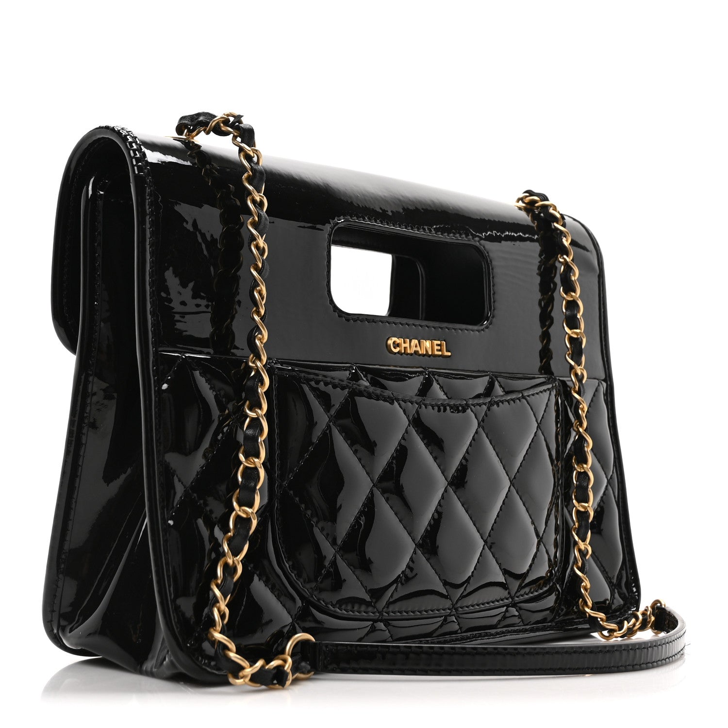 Patent Quilted Graphic Catch Flap Black