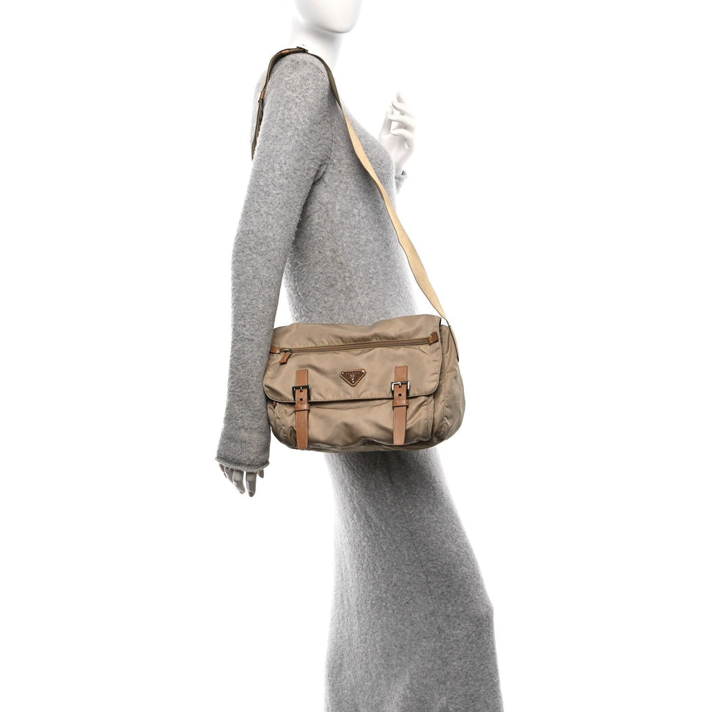 Re-Nylon Vela Saffiano Pocket Double Buckle Messenger Shoulder Bag Cammeo