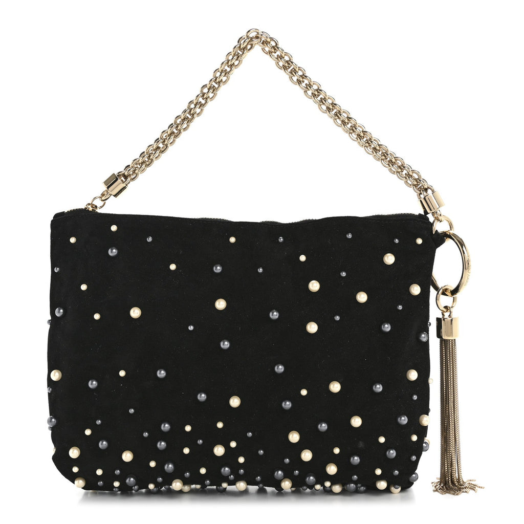 Suede Pearl Embellished Callie Tassel Clutch Bag Black