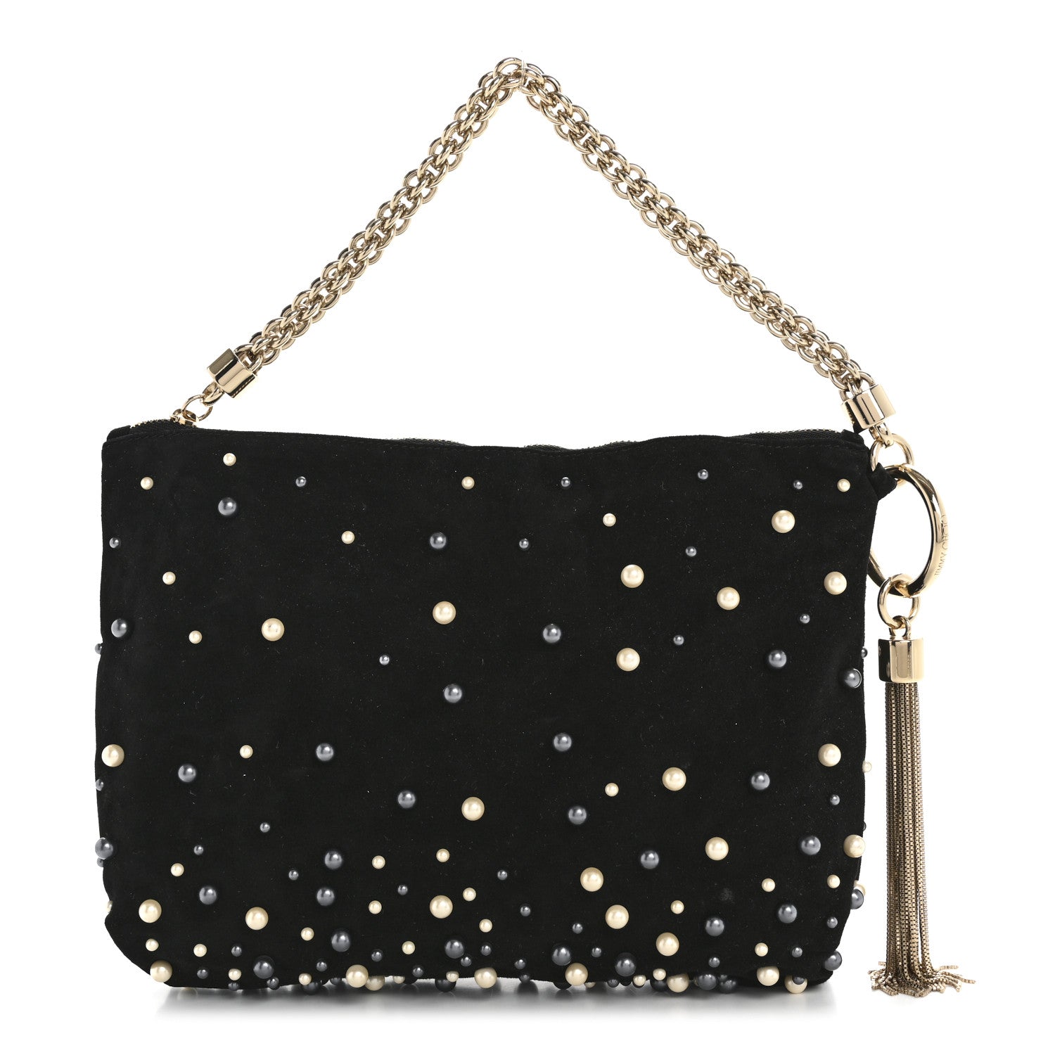 Suede Pearl Embellished Callie Tassel Clutch Bag Black
