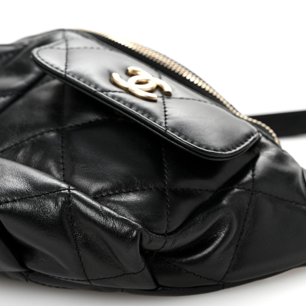 Shiny Aged Calfskin Quilted CC Pockets Jacket Waist Belt Bag Black