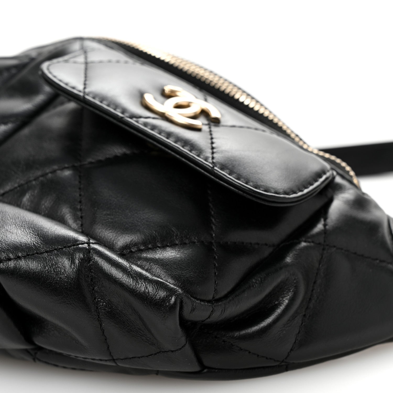 Shiny Aged Calfskin Quilted CC Pockets Jacket Waist Belt Bag Black
