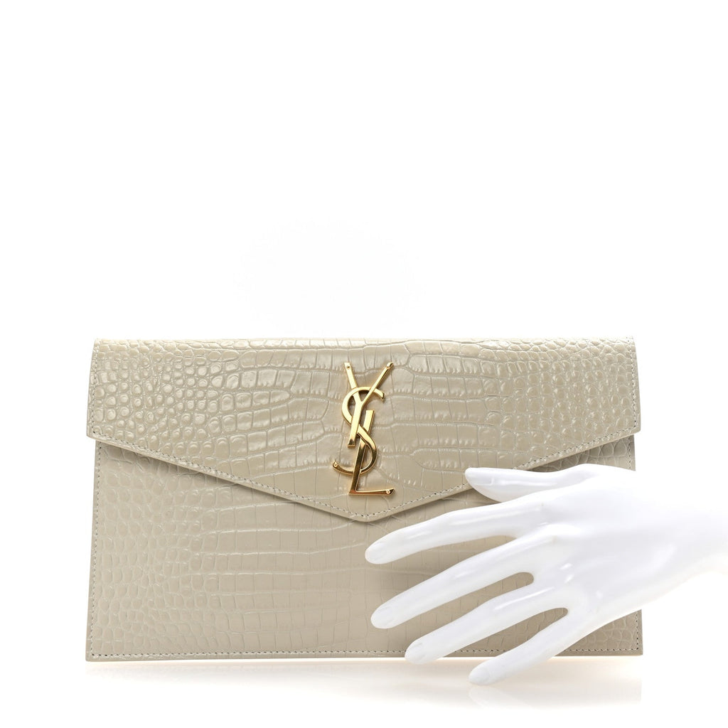 Calfskin Crocodile Embossed Uptown Monogram Clutch Crema Soft