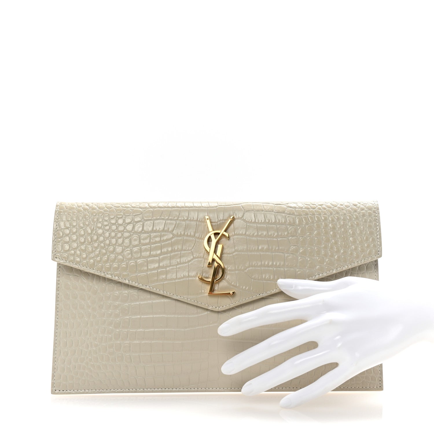 Calfskin Crocodile Embossed Uptown Monogram Clutch Crema Soft