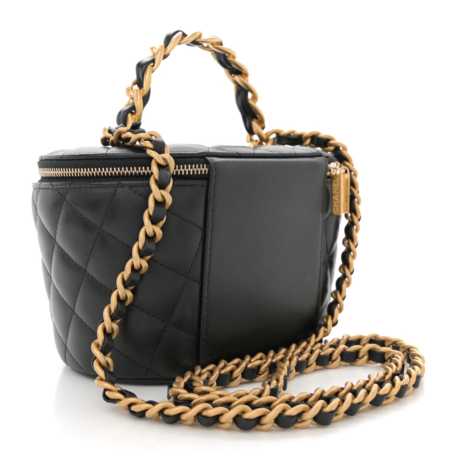 Lambskin Quilted Chain Top Handle Round Vanity Case Black