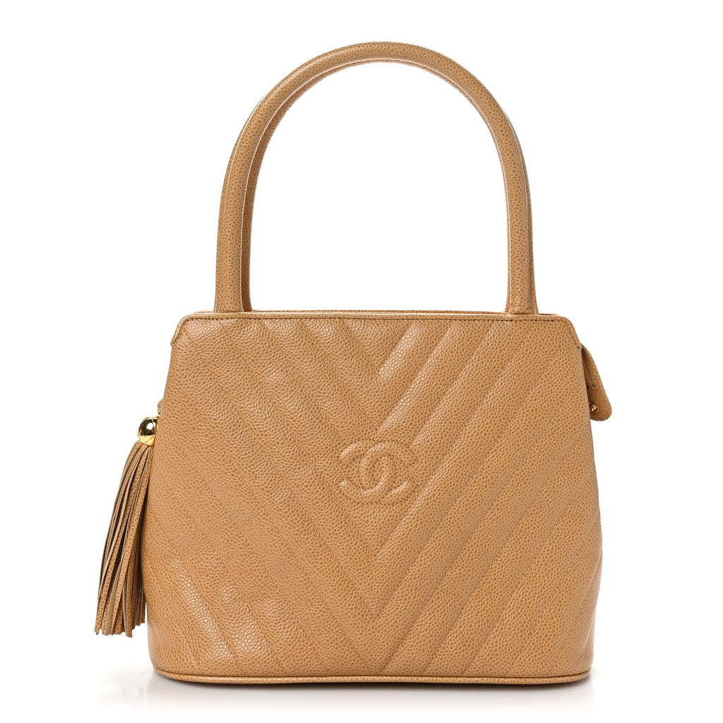 Caviar Chevron Tassel Tote Beige