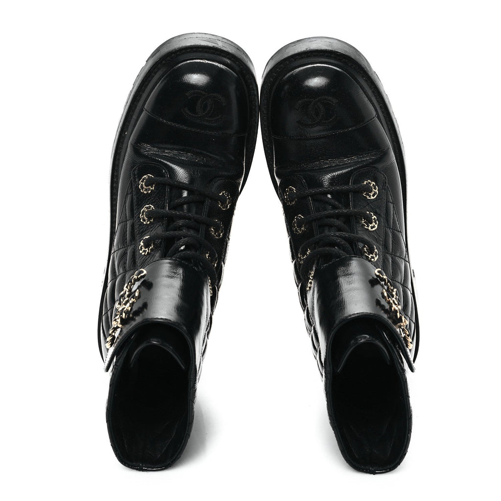 Shiny Goatskin Calfskin Quilted Lace Up Combat Boots 37 Black