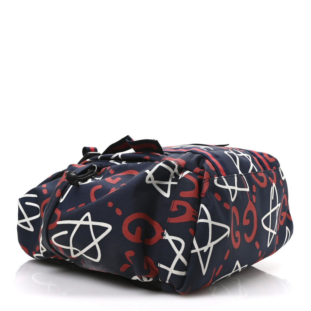 Techno Canvas GucciGhost Double Buckle Backpack Blue Agata Hibiscus Red