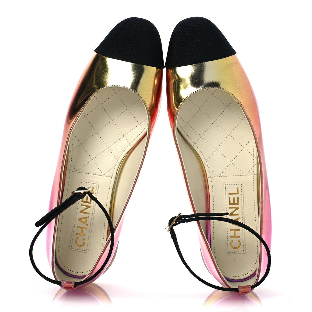 Laminated Calfskin Grosgrain Cap Toe CC Flats 36.5 Pink Orange Yellow Black