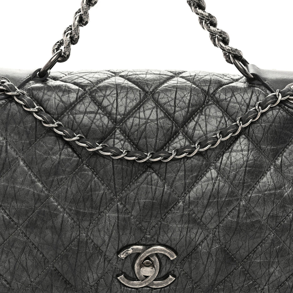Aged Calfskin Quilted Medium Pondichery Flap Dark Grey