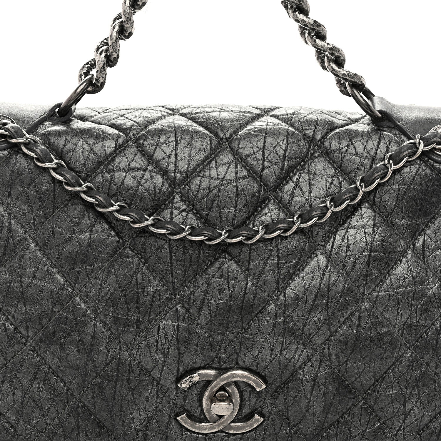 Aged Calfskin Quilted Medium Pondichery Flap Dark Grey