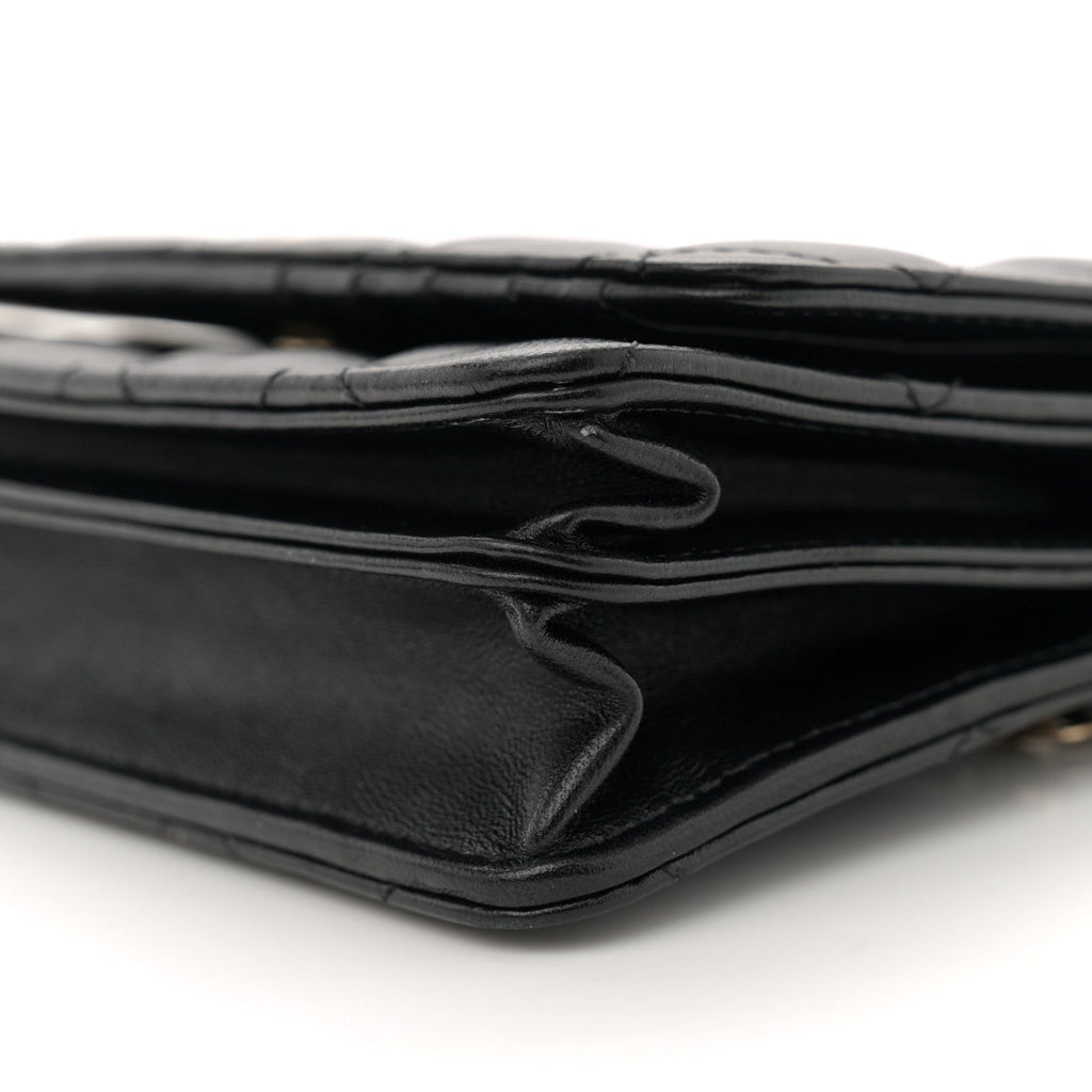 Lambskin Quilted Mini Camellia Bow Wallet On Chain WOC Black