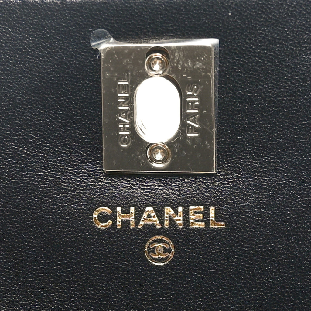 Lambskin Quilted Crystal Top Handle Clutch With Chain Black