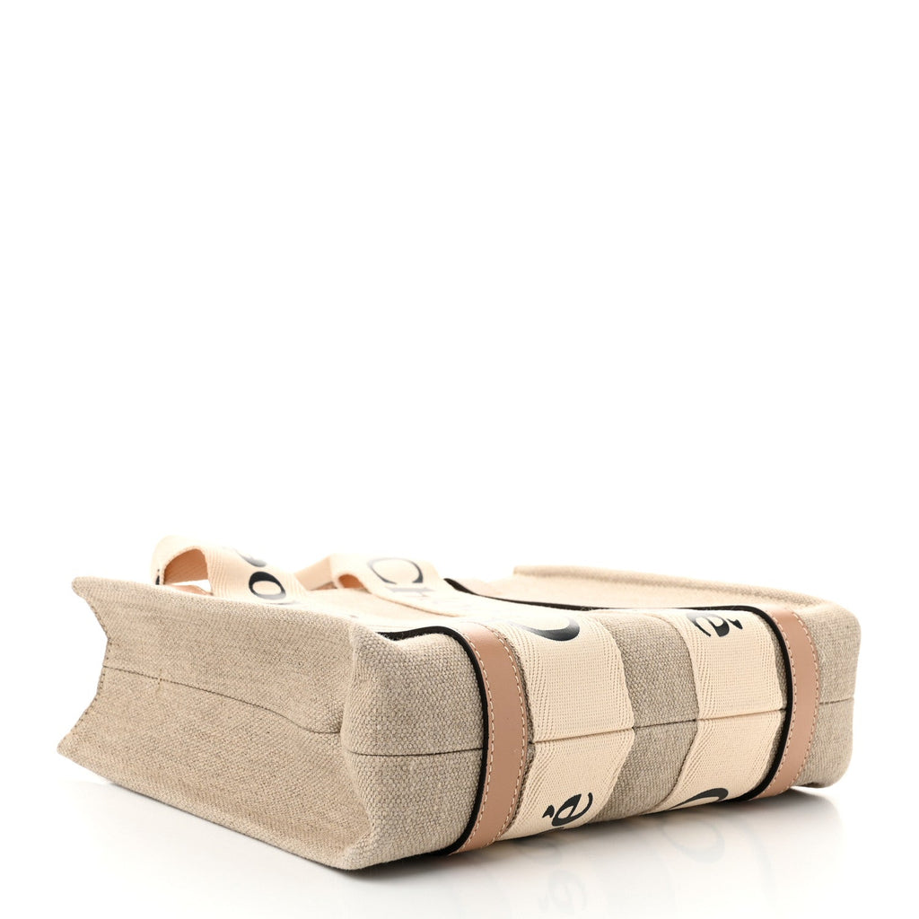 Linen Calfskin Small Woody Ribbon Tote With Strap White Light Brown
