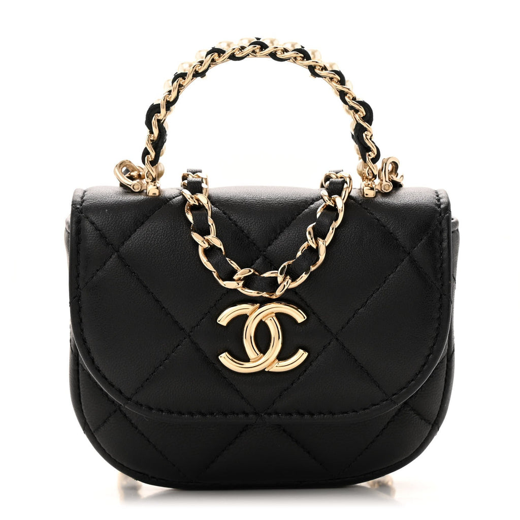 Lambskin Quilted Pearl Top Handle Clutch With Chain  Black