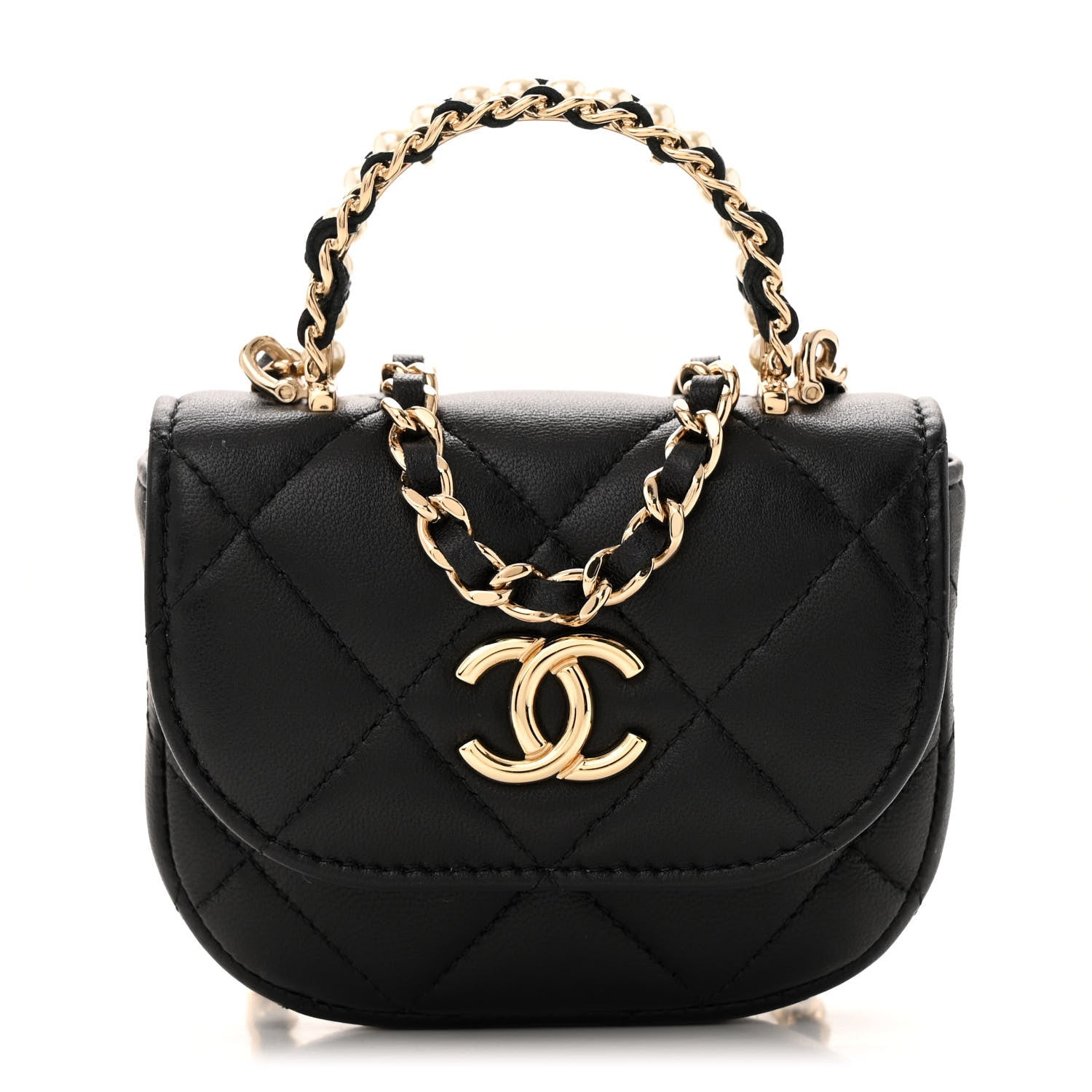Lambskin Quilted Pearl Top Handle Clutch With Chain  Black