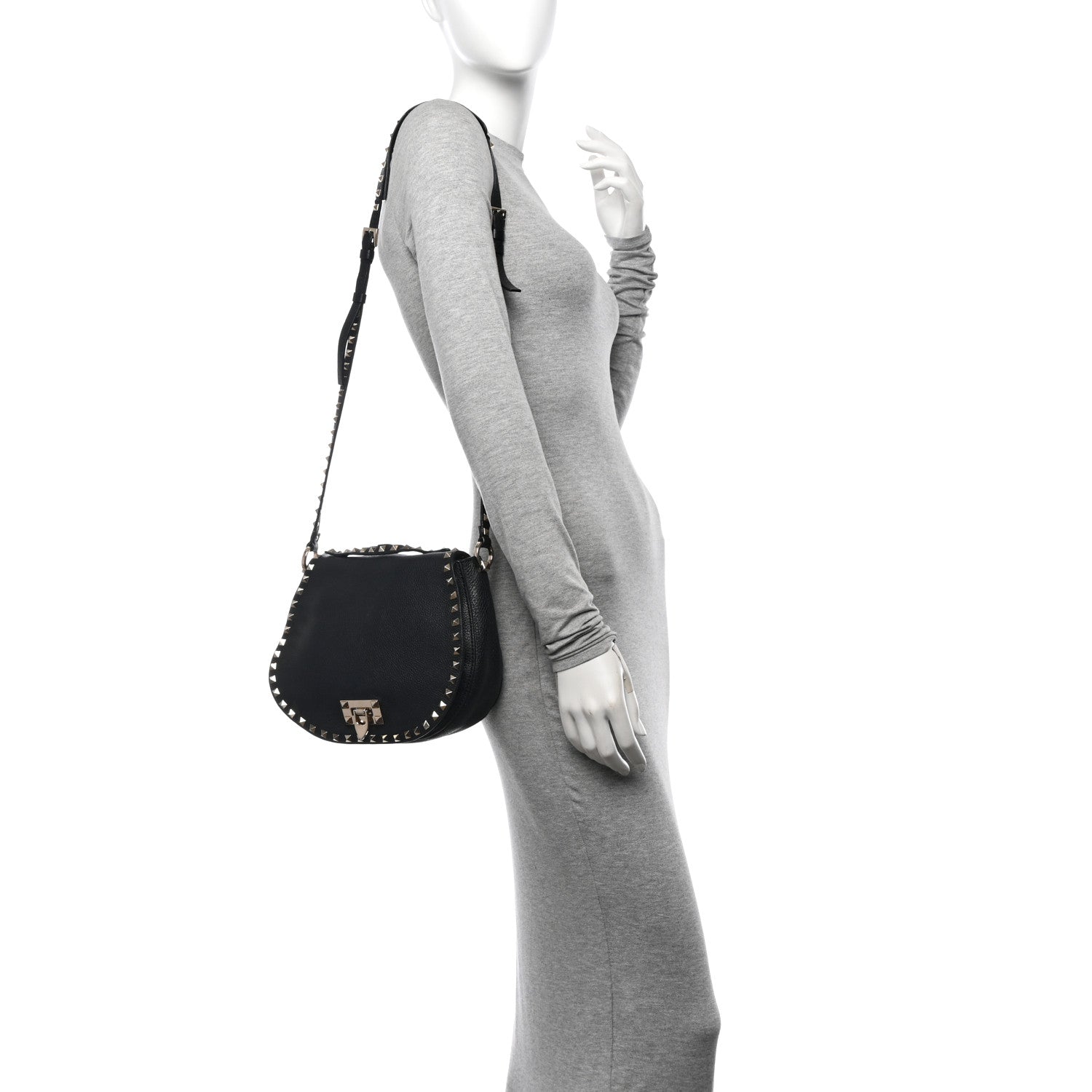Grained Calfskin Rockstud Saddle Bag Black