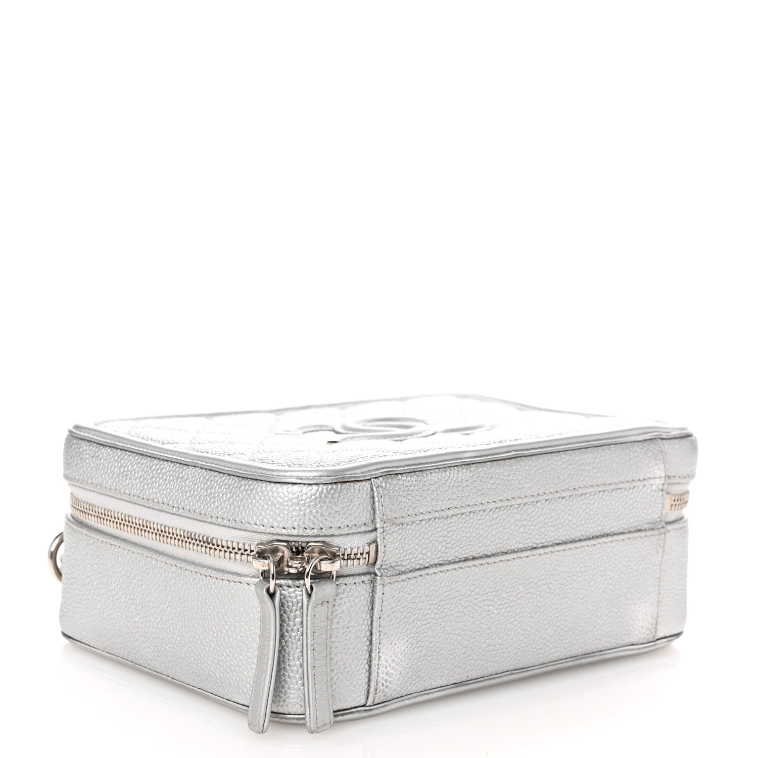Metallic Caviar Quilted Medium CC Filigree Vanity Case Silver
